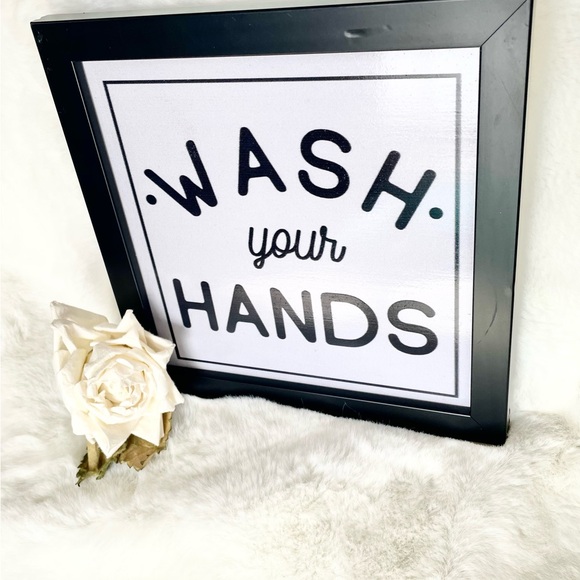 New with tag “WASH YOUR HANDS” hanging picture white with Black writing and trim - Picture 2 of 6